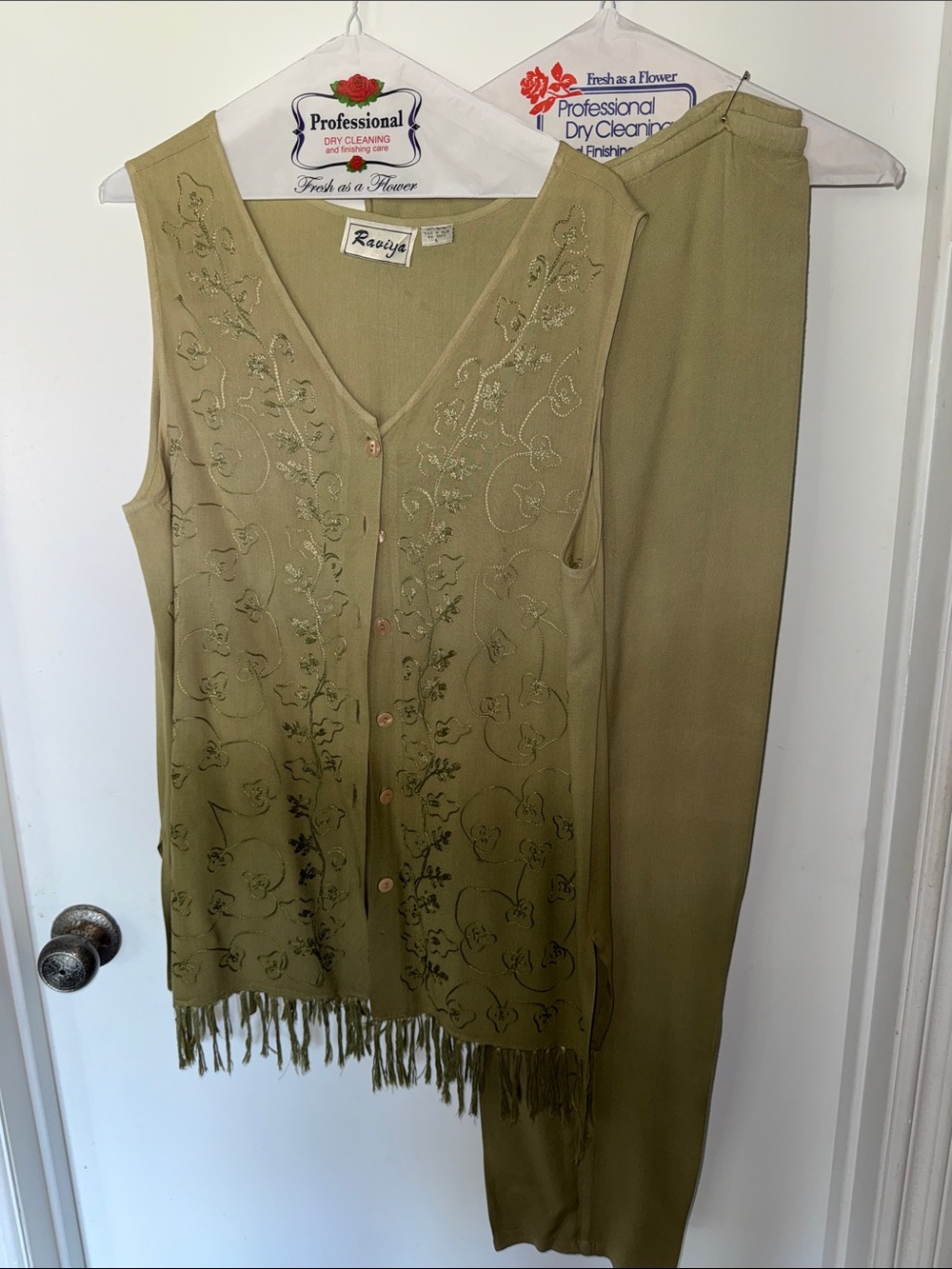 Raviya Olive Green Beaded Fringe Vest and Pants